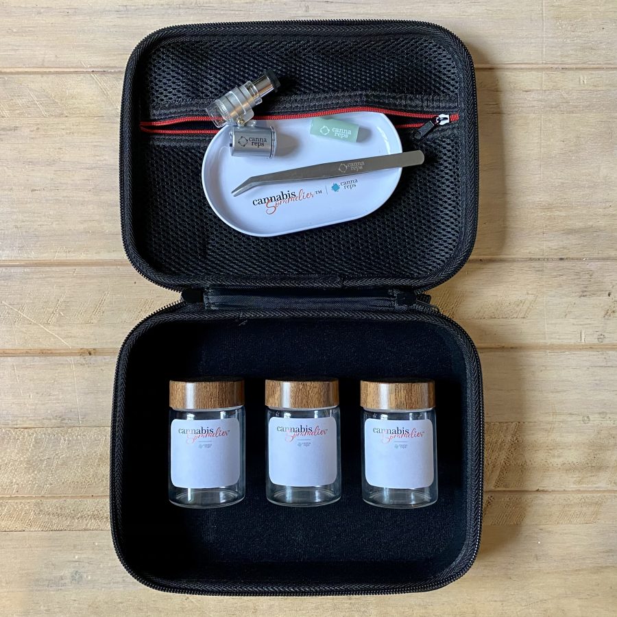 Birdseye view of an open Cannabis Sommelier Toolkit showing included tools